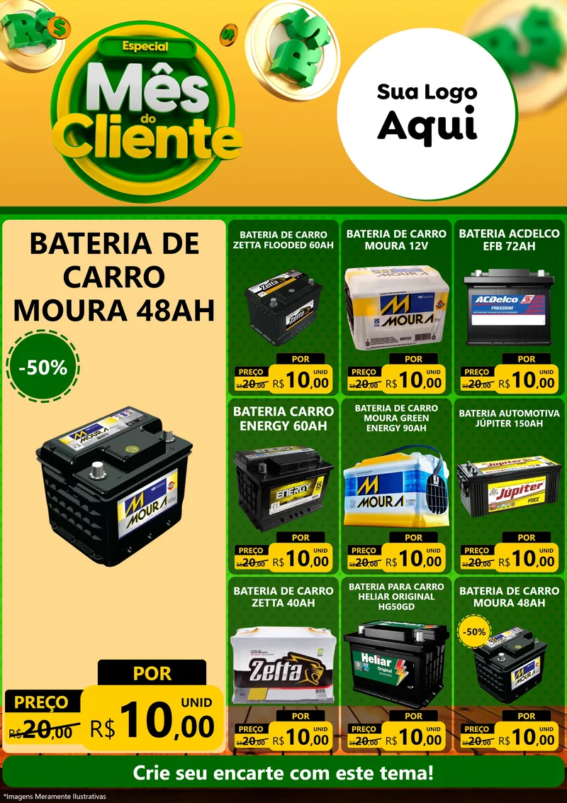 Modelo de Encarte para Encarte A4 Vertical com o tema Especial Mês do Cliente para Baterias Elétricas