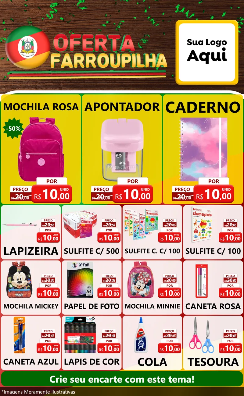 Modelo de Encarte para Encarte Grande com o tema Oferta Farroupilha para Papelaria