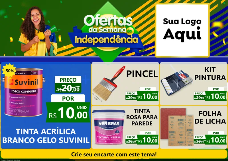 Modelo de Encarte para Encarte A4 Horizontal com o tema Ofertas da Semana da Independência para Tintas e Ferramentas