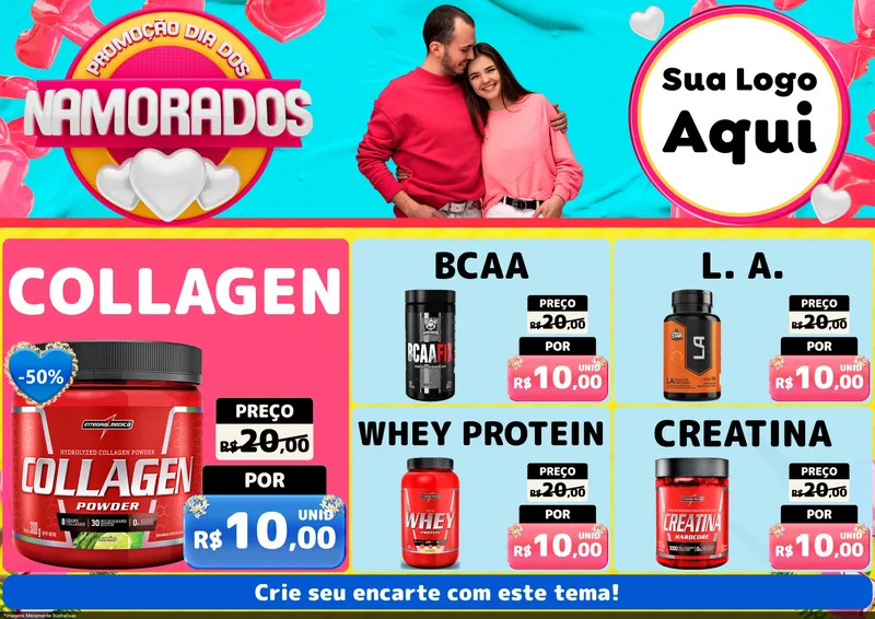 Modelo de Encarte para Encarte A4 Horizontal com o tema Promoção Dia dos Namorados para Suplementos alimentares