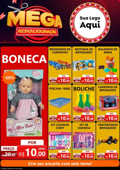 Modelo de Encarte para Encarte A4 Vertical com o tema Mega Reinauguração para Brinquedos
