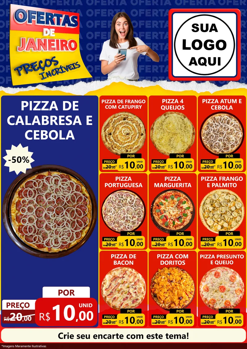 Modelo de Encarte para Encarte A4 Vertical com o tema Ofertas de Janeiro - Preços Incríveis para Pizzaria
