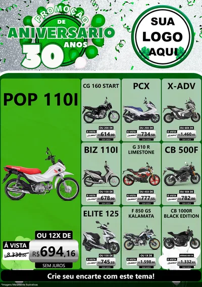 Modelo de Encarte para Encarte A4 Vertical com o tema Promoção de Aniversário - 30 Anos para Concessionaria de Motos