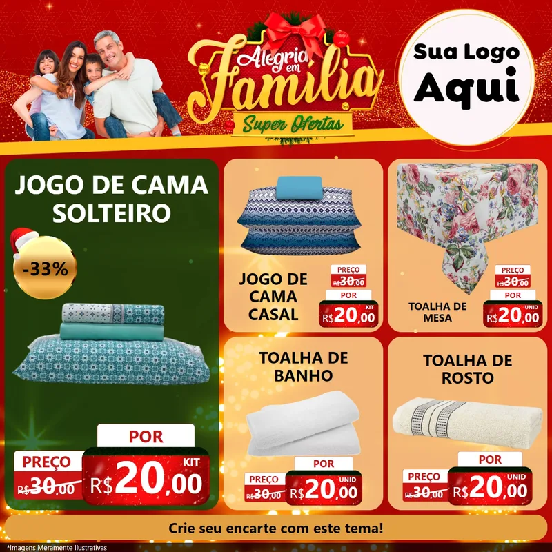 Modelo de Rede Social para Feed Facebook com o tema Alegria em Família Super Ofertas - Natal para Cama, Mesa e Banho