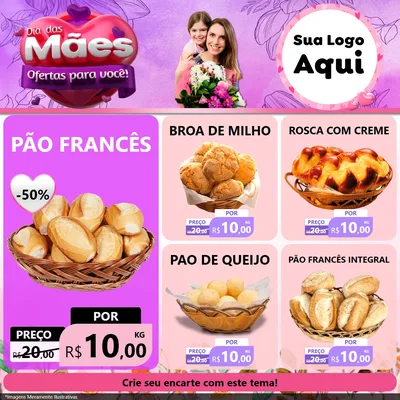Modelo de Rede Social para Feed Facebook com o tema Dia das Mães Ofertas para Você! para Padaria