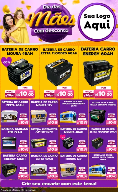 Modelo de Encarte para Encarte Grande com o tema Dia das Mães com Desconto para Baterias Elétricas