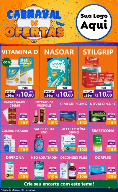 Modelo de Encarte para Encarte Grande com o tema Carnaval de Ofertas para Farmácia