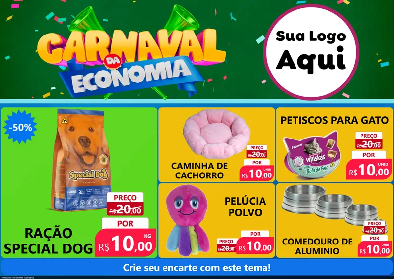 Modelo de Encarte para Encarte A4 Horizontal com o tema Carnaval da Economia para Pet Shop