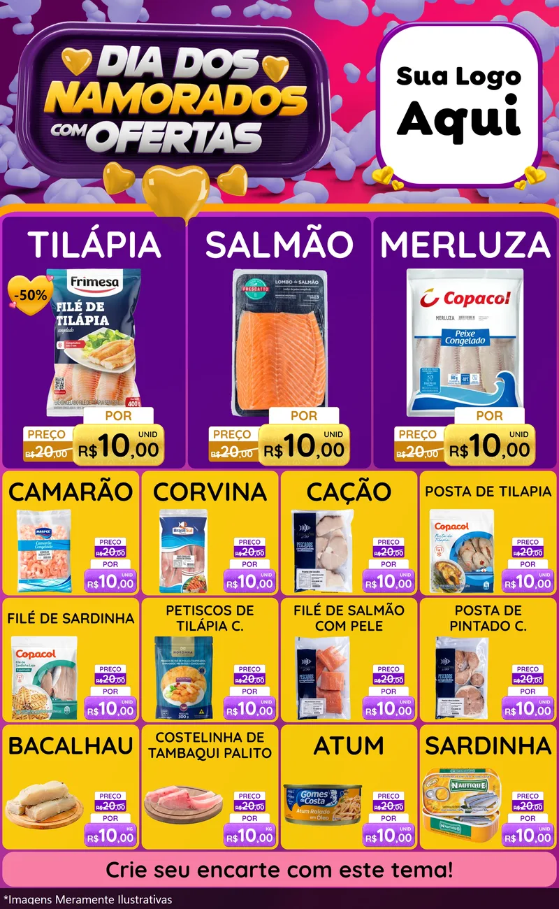 Modelo de Encarte para Encarte Grande com o tema Dia Dos Namorados Com Ofertas para Peixaria