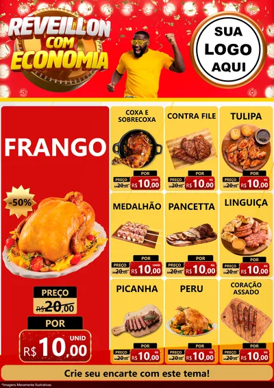 Modelo de Encarte para Encarte A4 Vertical com o tema Réveillon com Economia para Assados