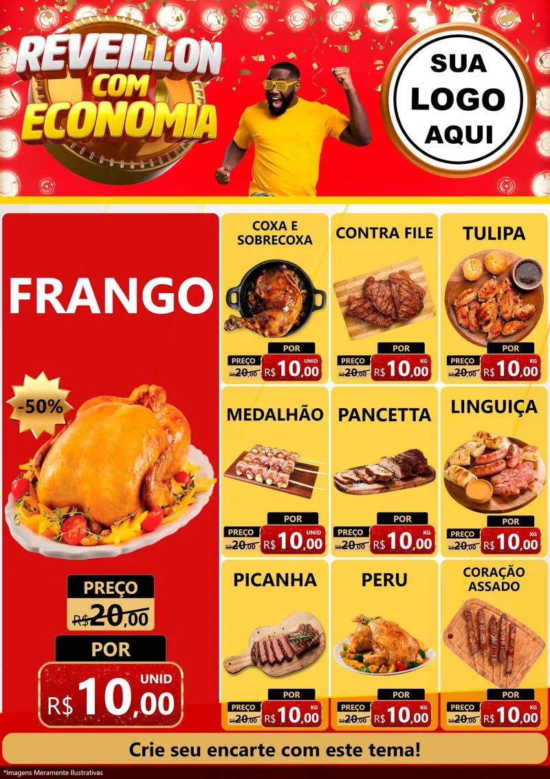 Modelo de Encarte para Encarte A4 Vertical com o tema Réveillon com Economia para Assados