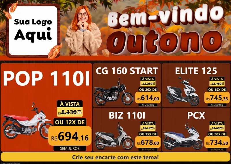 Modelo de Encarte para Encarte A4 Horizontal com o tema Bem-vindo Outono para Concessionaria de Motos