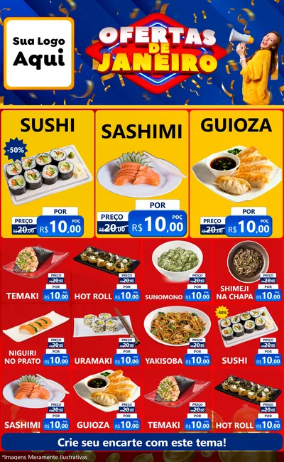 Modelo de Encarte para Encarte Grande com o tema Ofertas de Janeiro para Comida japonesa