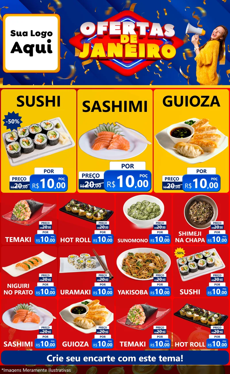 Modelo de Encarte para Encarte Grande com o tema Ofertas de Janeiro para Comida japonesa