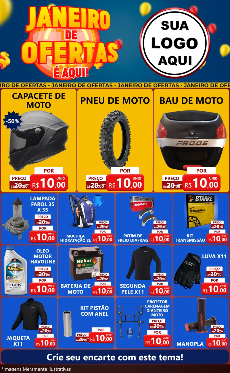 Modelo de Encarte para Encarte Grande com o tema Janeiro de Ofertas É Aqui! para Moto peças