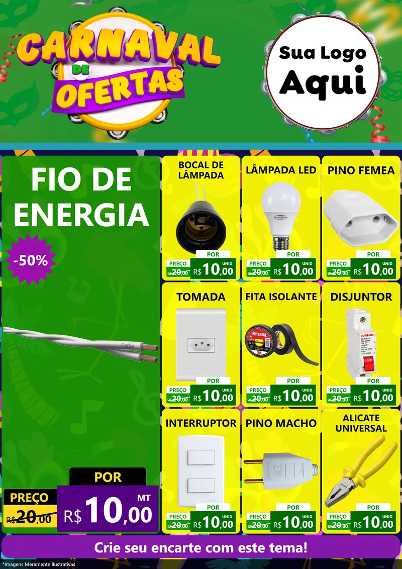 Modelo de Encarte para Encarte A4 Vertical com o tema Carnaval de Ofertas para Materiais Elétricos