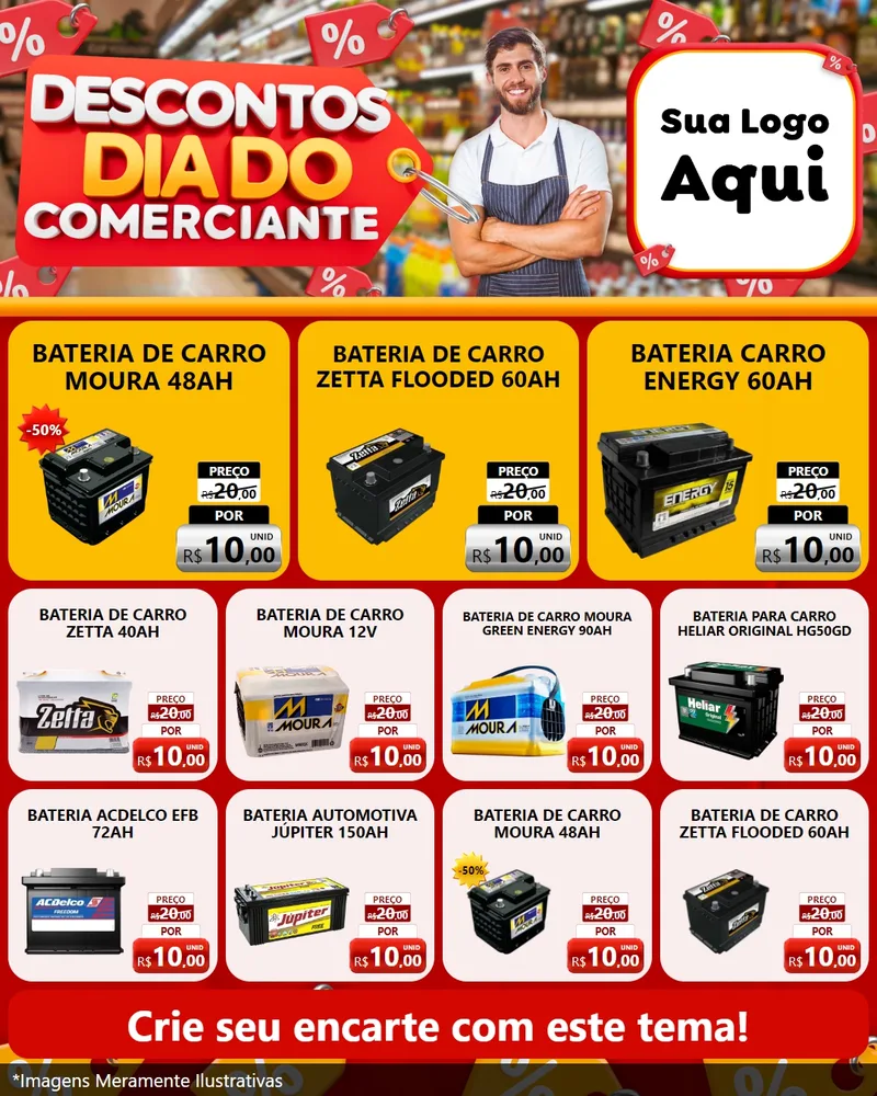 Modelo de Rede Social para Feed Instagram com o tema Descontos Dia do Comerciante para Baterias Elétricas