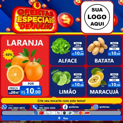 Modelo de Rede Social para Feed Facebook com o tema Ofertas Especiais de Julho para Hortifrúti