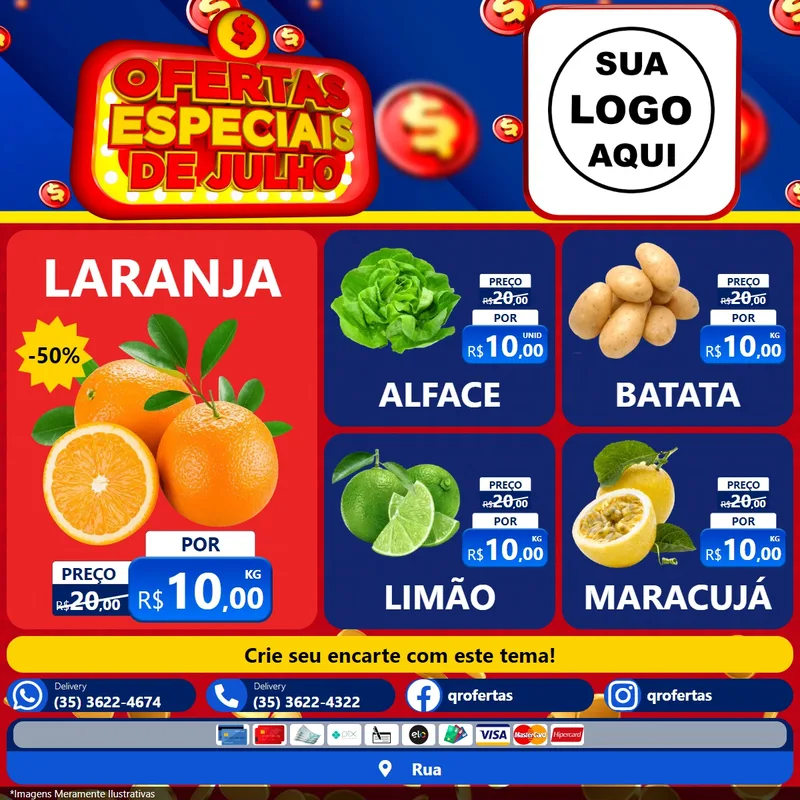 Modelo de Rede Social para Feed Facebook com o tema Ofertas Especiais de Julho para Hortifrúti