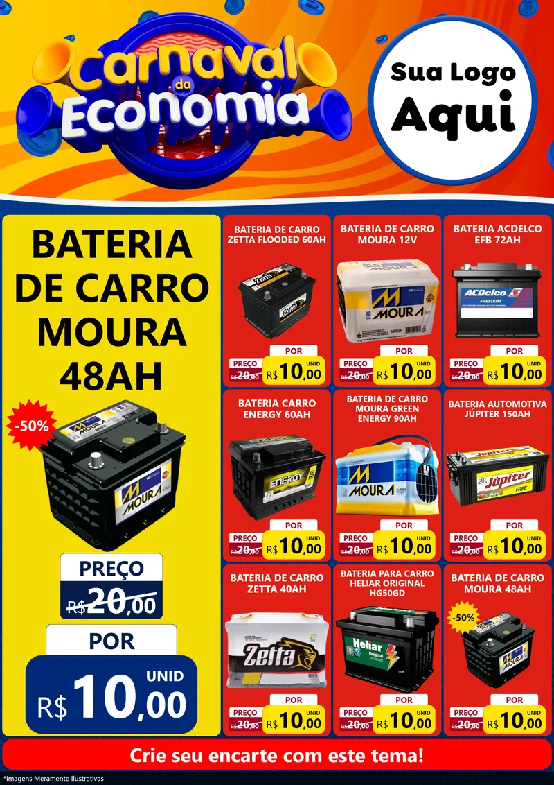 Modelo de Encarte para Encarte A4 Vertical com o tema Carnaval da Economia para Baterias Elétricas