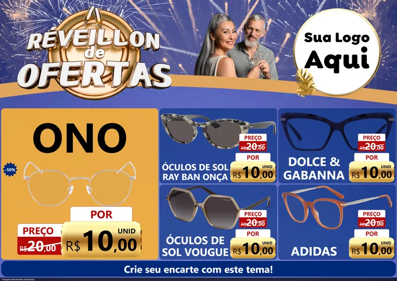 Modelo de Encarte para Encarte A4 Horizontal com o tema Réveillon de Ofertas para Óticas