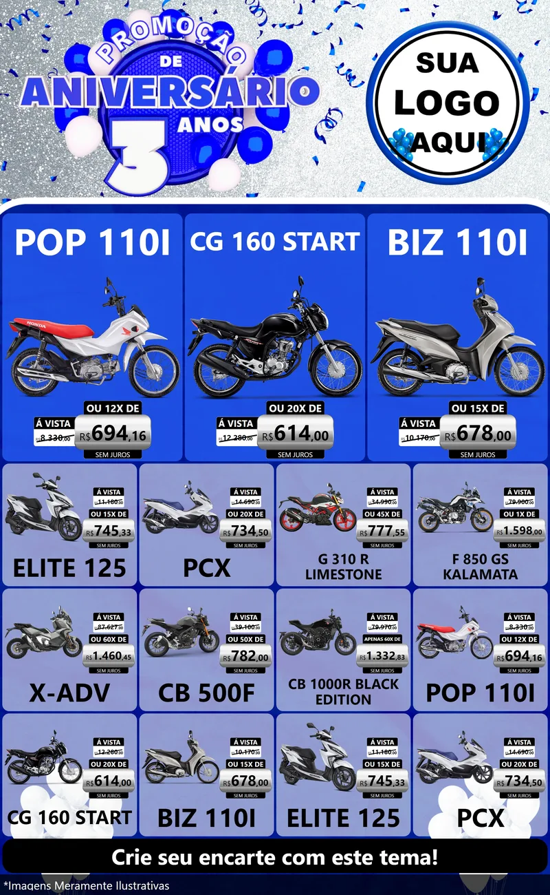 Modelo de Encarte para Encarte Grande com o tema Promoção de Aniversário - 3 Anos para Concessionaria de Motos