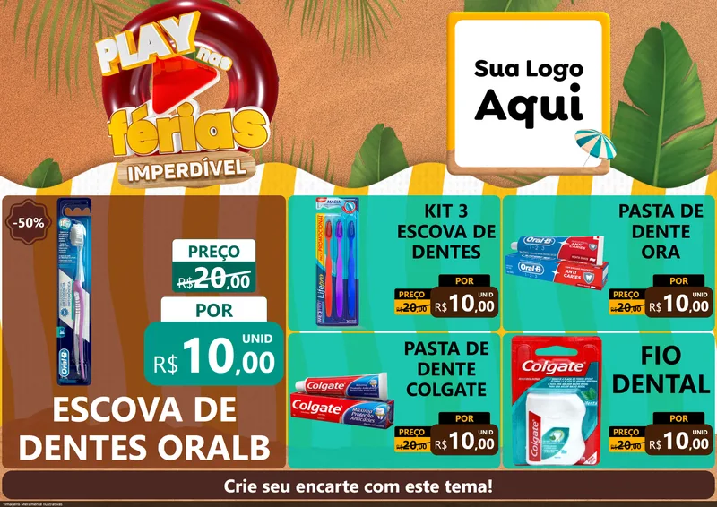 Modelo de Encarte para Encarte A4 Horizontal com o tema Play Nas Férias Imperdível para Higiene Pessoal
