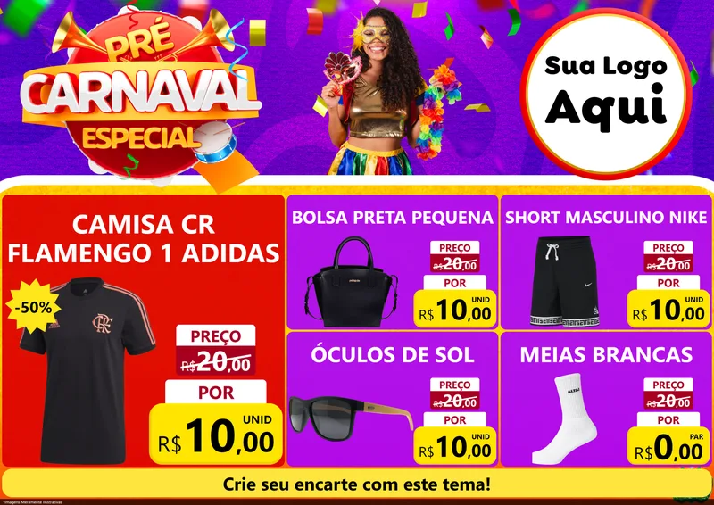 Modelo de Encarte para Encarte A4 Horizontal com o tema Pré-Carnaval Especial para Roupas e acessórios