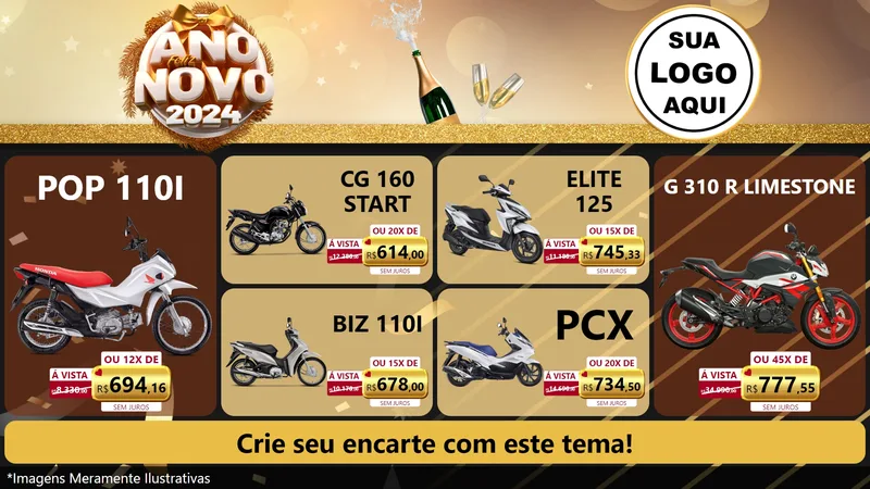 Modelo de TV para TV Horizontal com o tema Feliz Ano Novo 2027 para Concessionaria de Motos