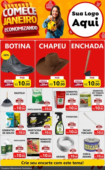 Modelo de Encarte para Encarte Grande com o tema Comece Janeiro Economizando para Agropecuária