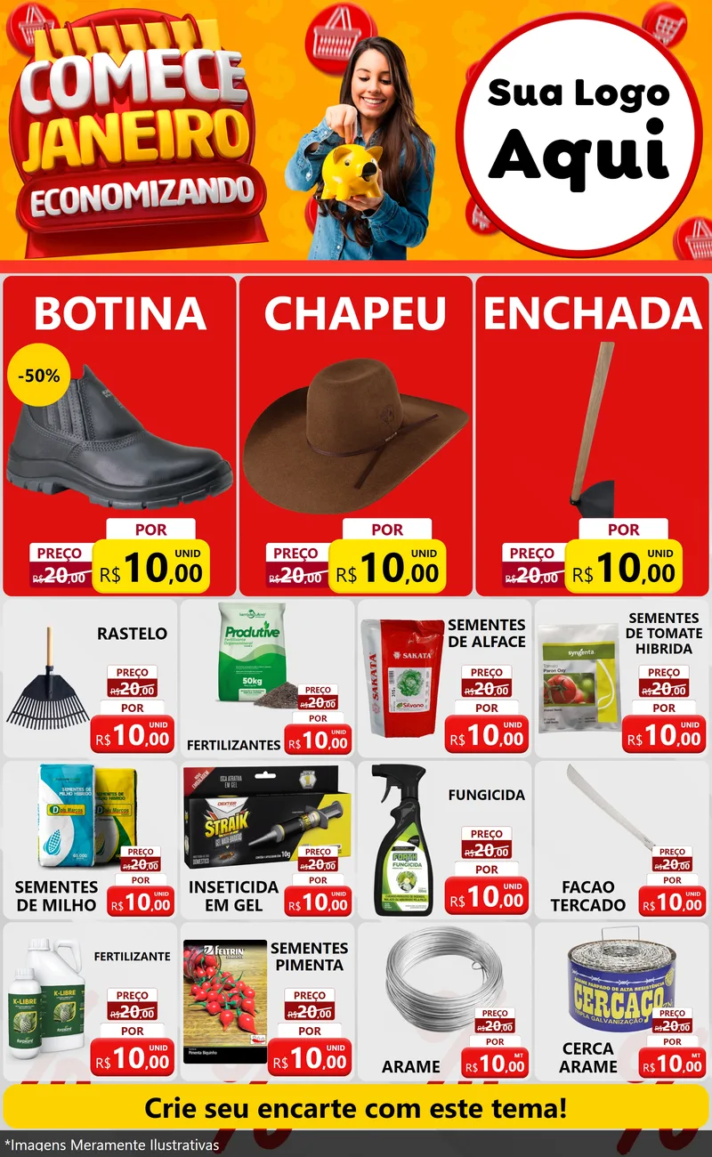 Modelo de Encarte para Encarte Grande com o tema Comece Janeiro Economizando para Agropecuária