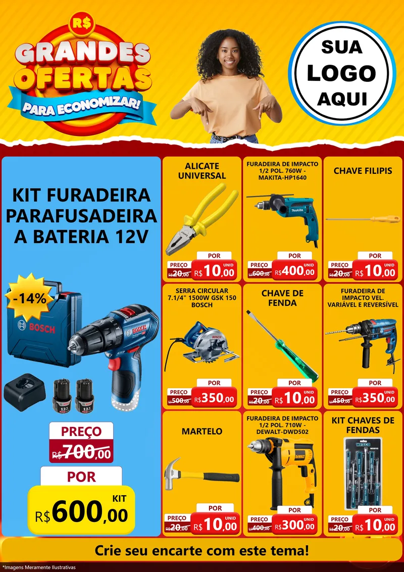 Modelo de Encarte para Encarte A4 Vertical com o tema Grandes Ofertas Para Economizar! para Maquinas e Ferramentas