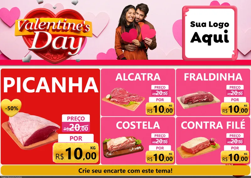 Modelo de Encarte para Encarte A4 Horizontal com o tema Valentine's Day para Açougue