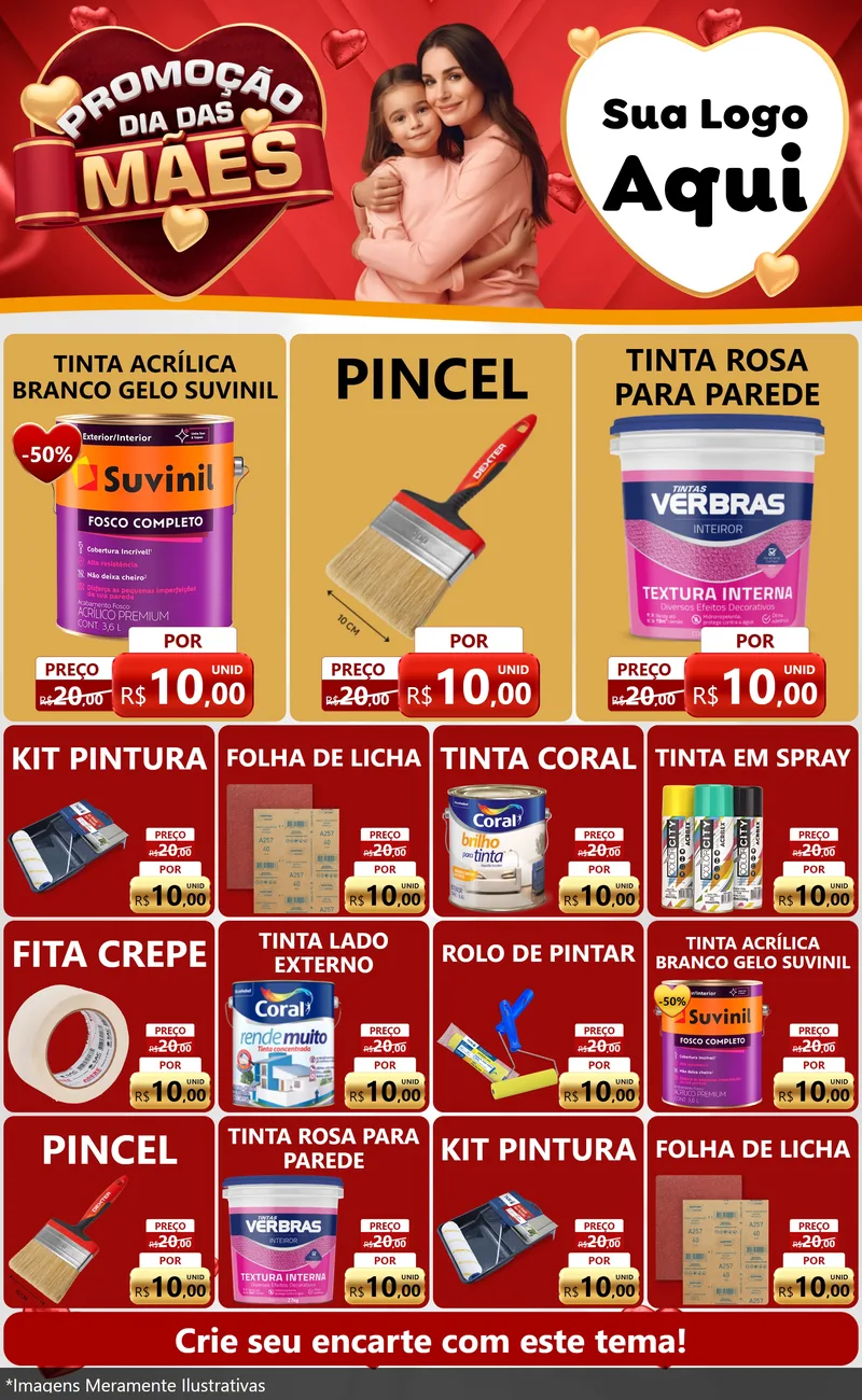 Modelo de Encarte para Encarte Grande com o tema Promoção Dia das Mães para Tintas e Ferramentas