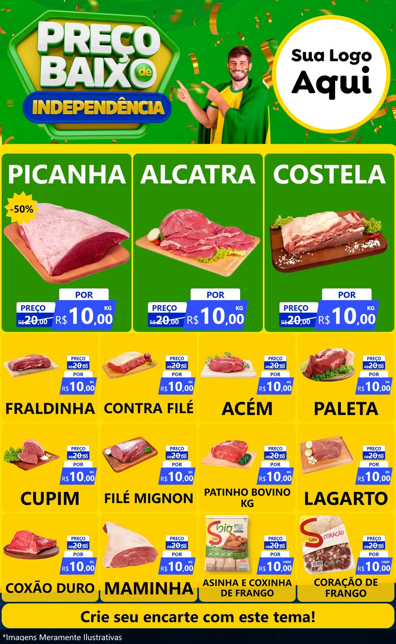 Modelo de Encarte para Encarte Grande com o tema Preço Baixo de Independência para Açougue