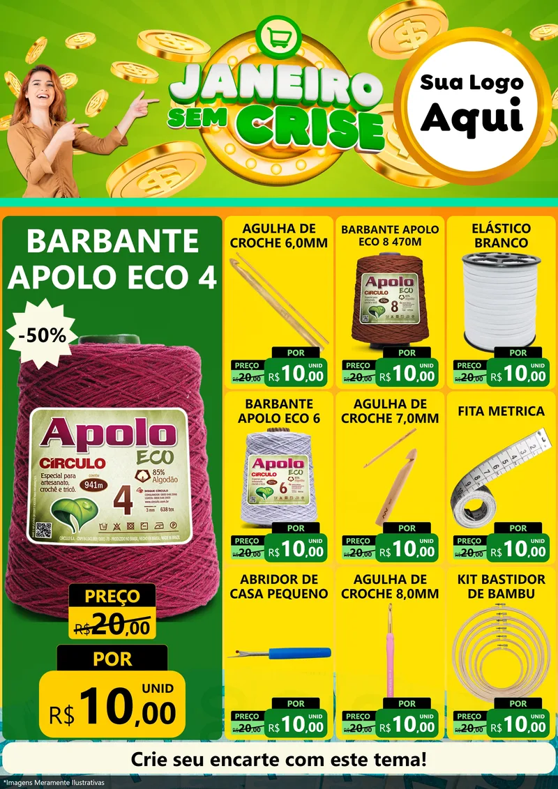 Modelo de Encarte para Encarte A4 Vertical com o tema Janeiro Sem Crise para Armarinho e Aviamentos