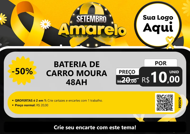 Modelo de Cartaz para Cartaz A4 Horizontal com o tema Setembro Amarelo para Baterias Elétricas
