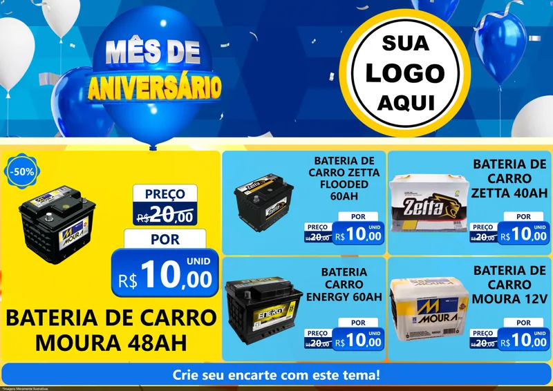 Modelo de Encarte para Encarte A4 Horizontal com o tema Mês de Aniversário para Baterias Elétricas