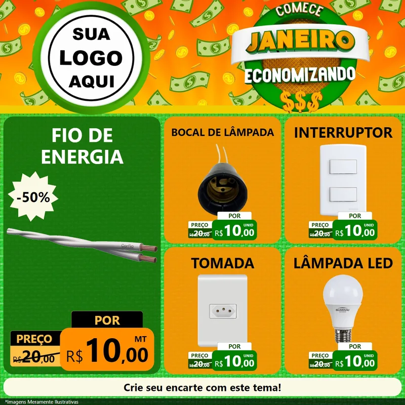 Modelo de Rede Social para Feed Facebook com o tema Comece Janeiro Economizando para Materiais Elétricos
