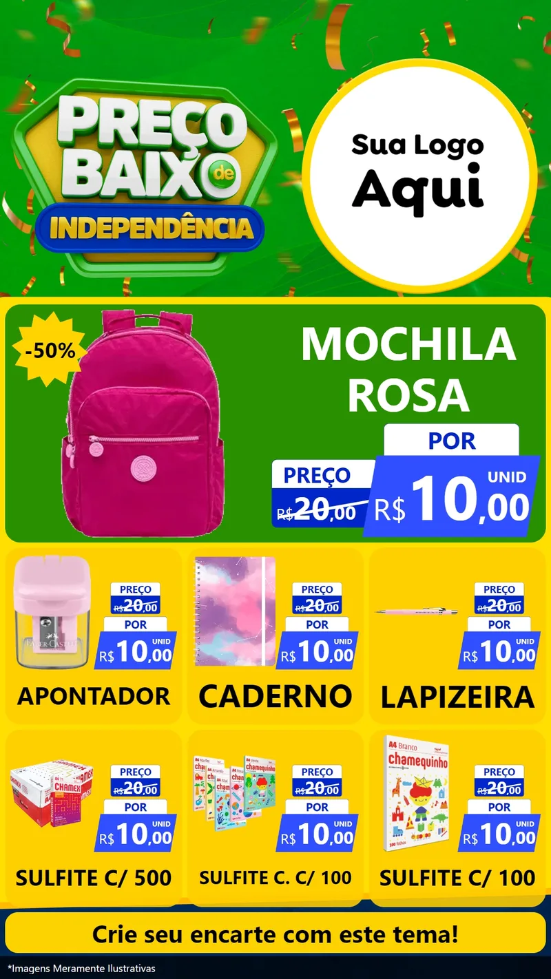 Modelo de Rede Social para Stories com o tema Preço Baixo de Independência para Papelaria