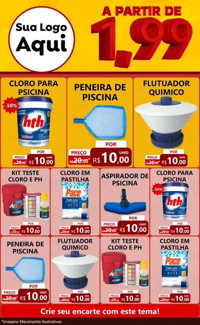 Modelo de Encarte para Encarte Grande com o tema A Partir de Um e Noventa e Nove - 1,99 para Produtos para Piscina