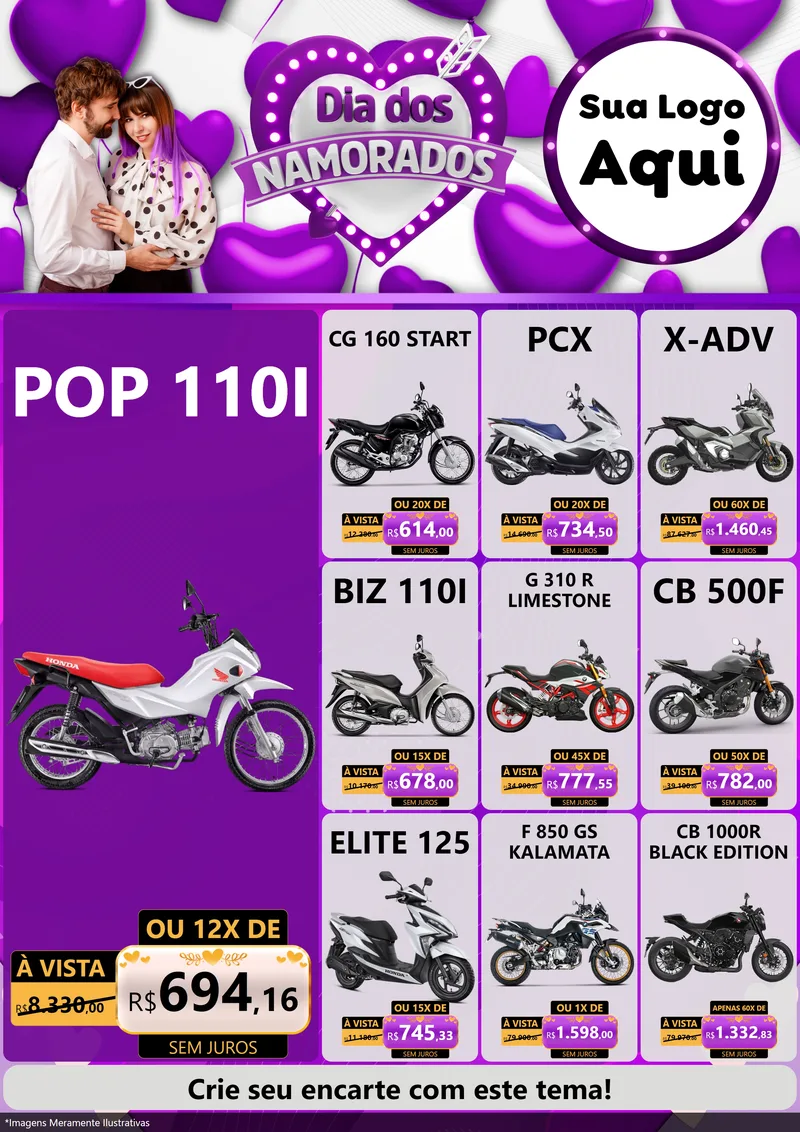Modelo de Encarte para Encarte A4 Vertical com o tema Dia dos Namorados para Concessionaria de Motos