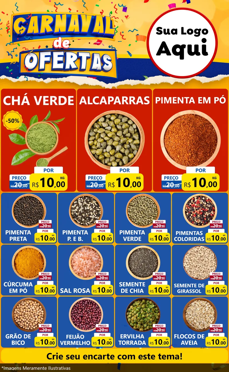 Modelo de Encarte para Encarte Grande com o tema Carnaval de Ofertas para Produtos Naturais