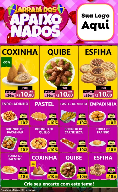 Modelo de Encarte para Encarte Grande com o tema Arraiá dos Apaixonados para Salgadaria