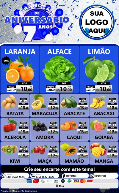 Modelo de Encarte para Encarte Grande com o tema Promoção de Aniversário - 7 Anos para Hortifrúti