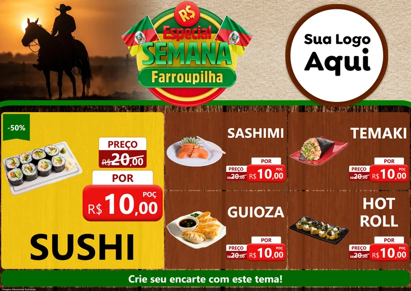 Modelo de Encarte para Encarte A4 Horizontal com o tema Especial Semana Farroupilha para Comida japonesa