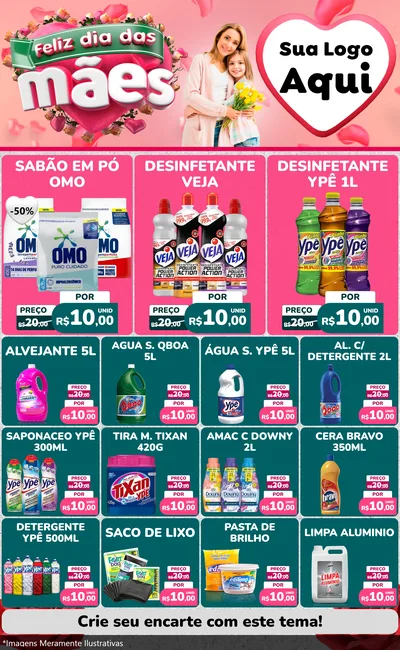 Modelo de Encarte para Encarte Grande com o tema Feliz Dia das Mães para Produtos de Limpeza