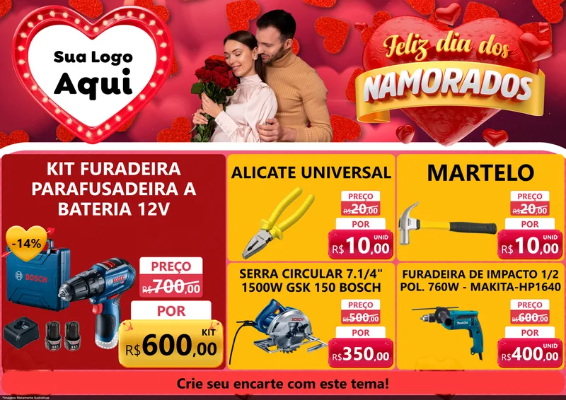 Modelo de Encarte para Encarte A4 Horizontal com o tema Feliz Dia Dos Namorados para Maquinas e Ferramentas