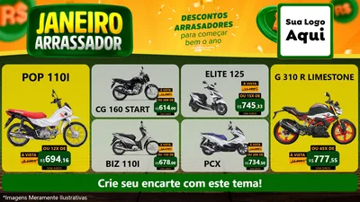 Modelo de TV para TV Horizontal com o tema Janeiro Arrasador para Concessionaria de Motos