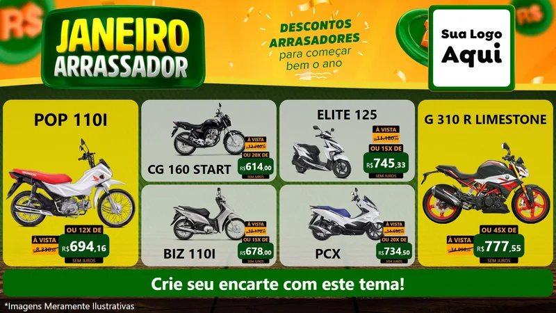 Modelo de TV para TV Horizontal com o tema Janeiro Arrasador para Concessionaria de Motos